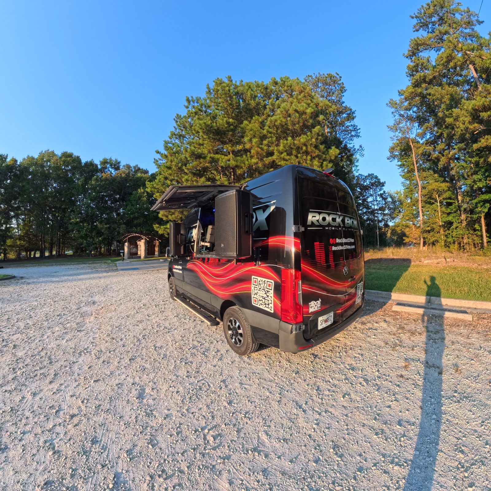 Rear view of The Rock Box branded mobile DJ van opened up for an event in Metro Atlanta